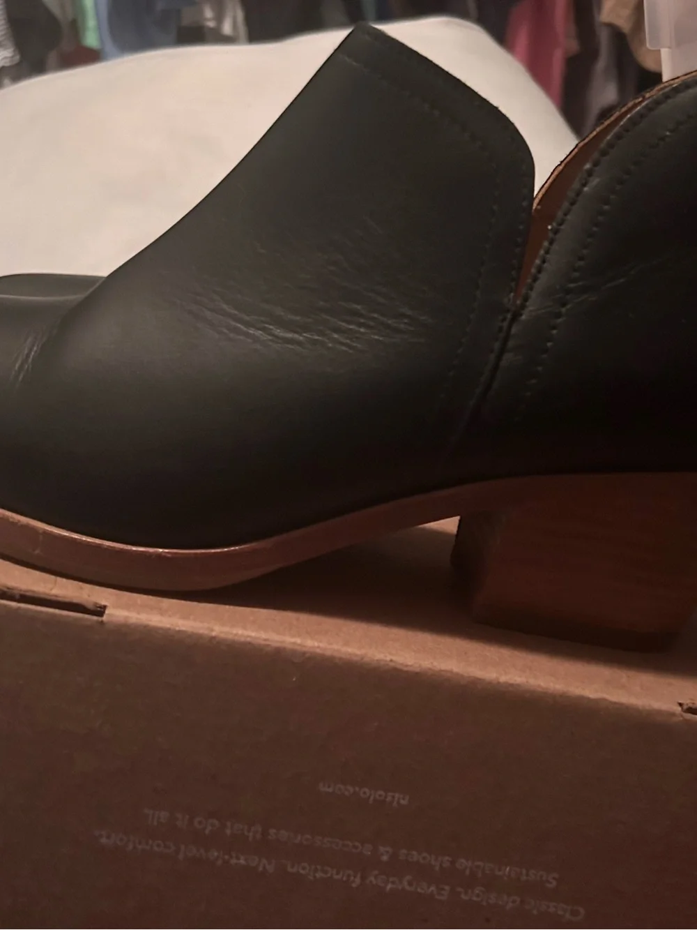 Nisolo Black Leather Ankle Booties with Tan Wood Heel